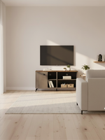 Meuble télé Piero 48 pouces de TOCO Meubles avec finition bois et métal dans un salon moderne et lumineux