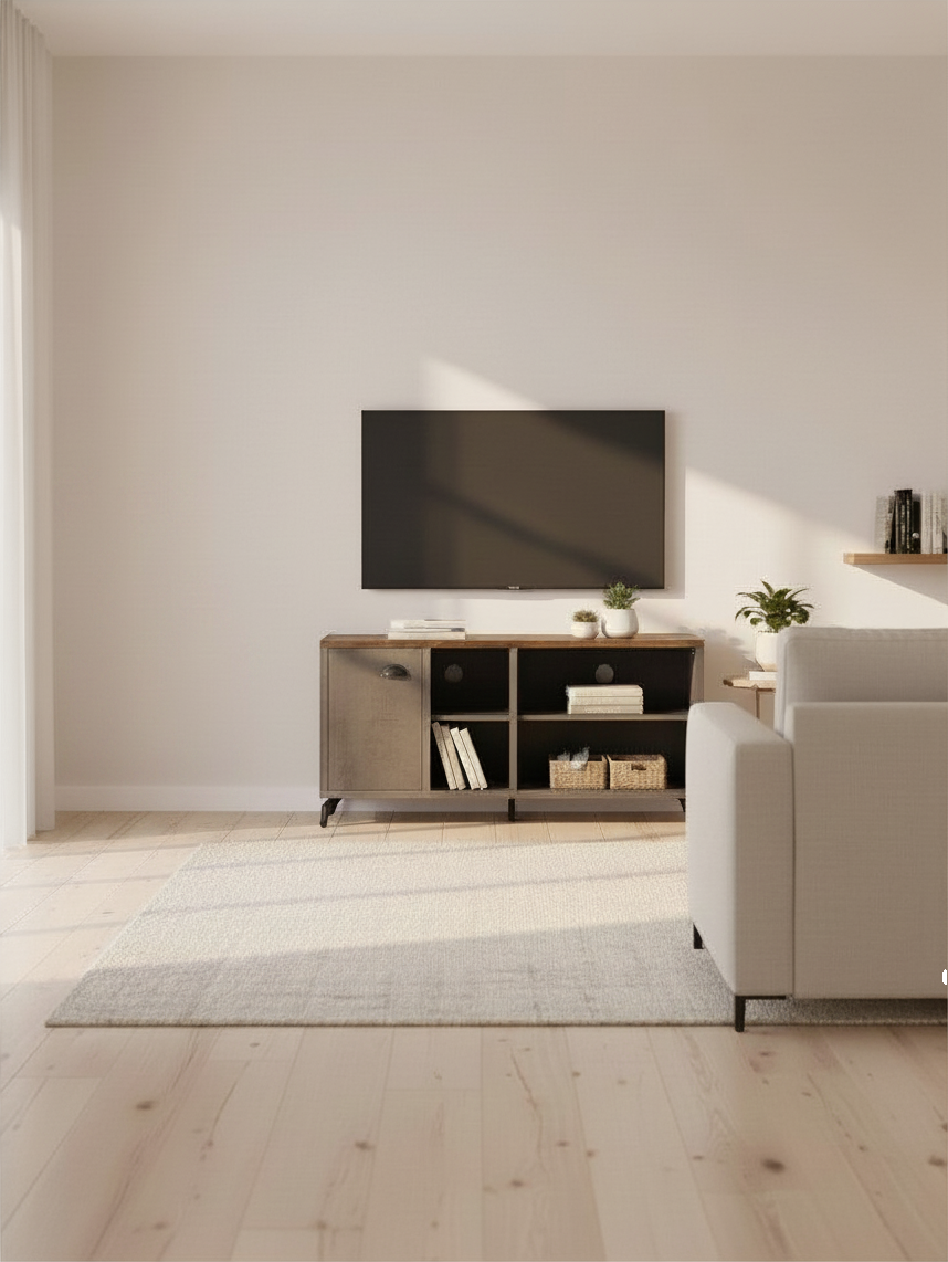 Meuble télé Piero 48 pouces de TOCO Meubles avec finition bois et métal dans un salon moderne et lumineux