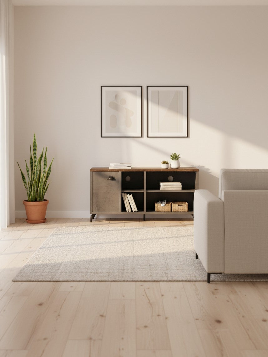Meuble télé Piero 48 pouces de TOCO Meubles en bois et métal gris dans un salon moderne et lumineux