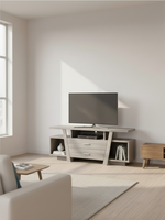 Meuble télé Quaro 60 pouces TOCO Meubles en bois gris avec deux tiroirs et étagères ouvertes dans un salon moderne