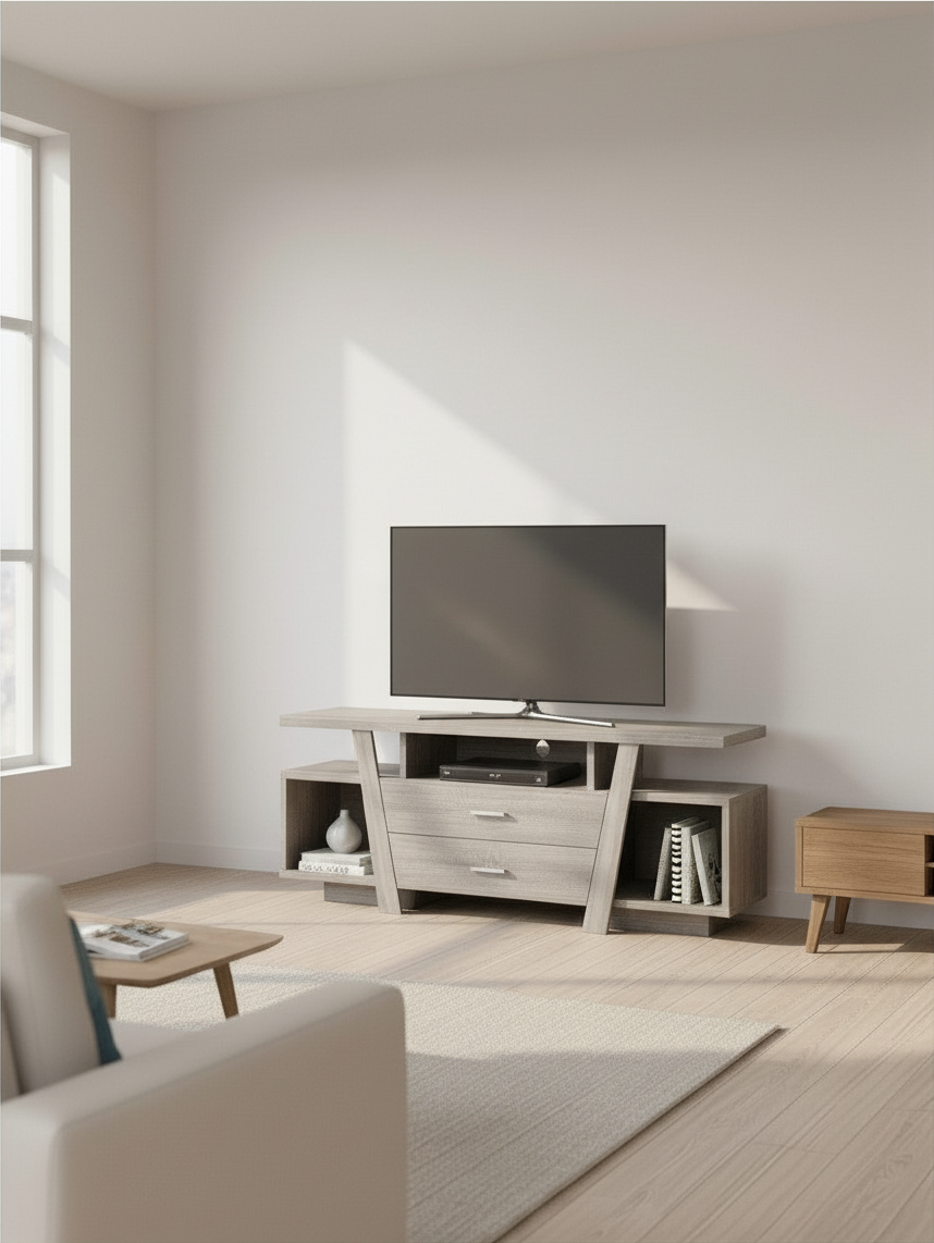 Meuble télé Quaro 60 pouces TOCO Meubles en bois gris avec deux tiroirs et étagères ouvertes dans un salon moderne
