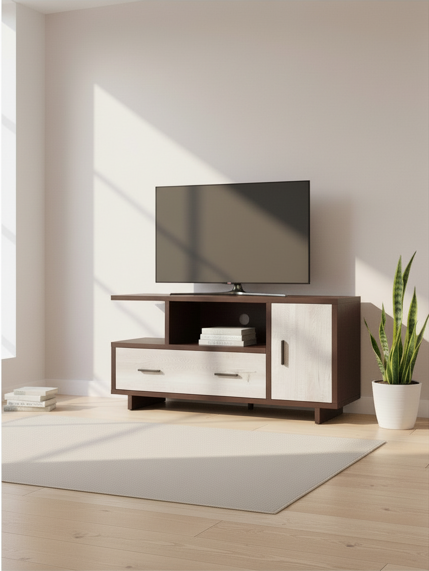 Meuble télé Reko 48 pouces de TOCO Meubles en bois brun et gris avec tiroir et espace de rangement ouvert