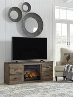 Meuble télé TOCO Meubles Bastien 60 pouces en bois rustique avec foyer électrique intégré et tiroirs de rangement