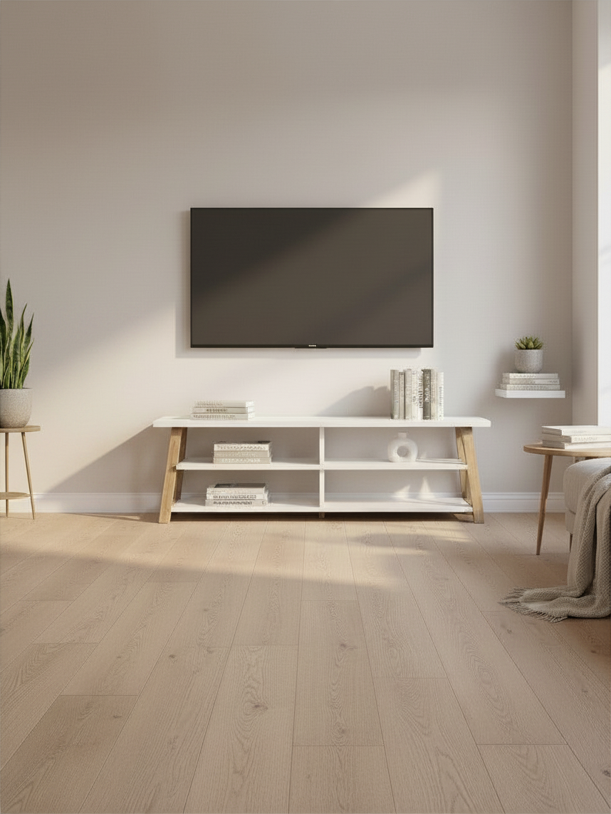 Meuble télé Velto 71 pouces blanc avec pieds en bois clair de TOCO Meubles dans un salon moderne et épuré