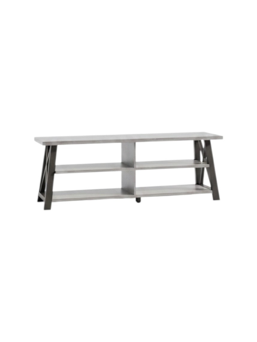 Meuble télé Velto 71 pouces de TOCO Meubles avec étagères ouvertes et structure en bois gris style rustique