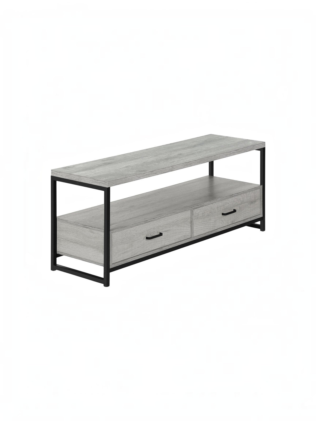 Meuble télé Yori 48 pouces TOCO Meubles en bois gris aspect vieilli avec structure en métal noir et deux tiroirs