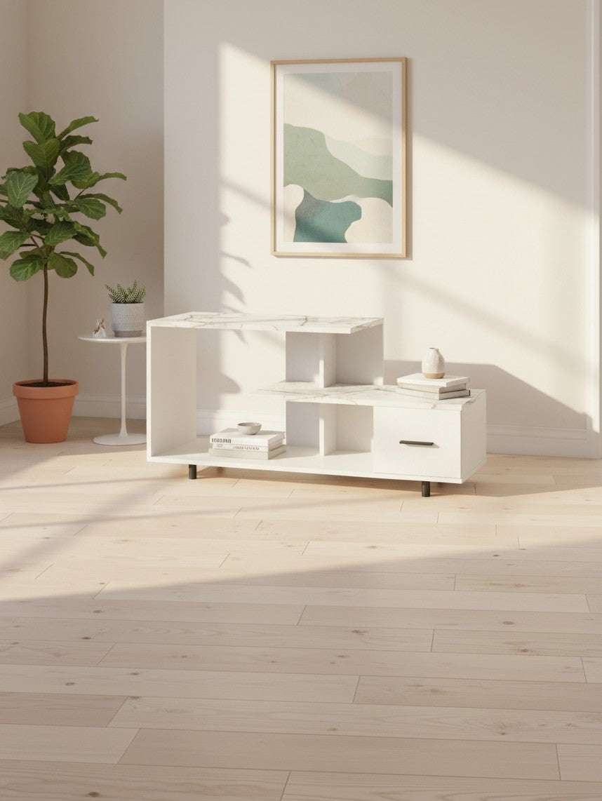 Meuble télé Zenoa 48 pouces blanc effet marbre avec tiroir et étagères ouvertes, vendu par TOCO Meubles.