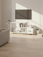 Meuble télé Zenoa 48 pouces blanc effet marbre avec tiroir et étagères ouvertes, proposé par TOCO Meubles.