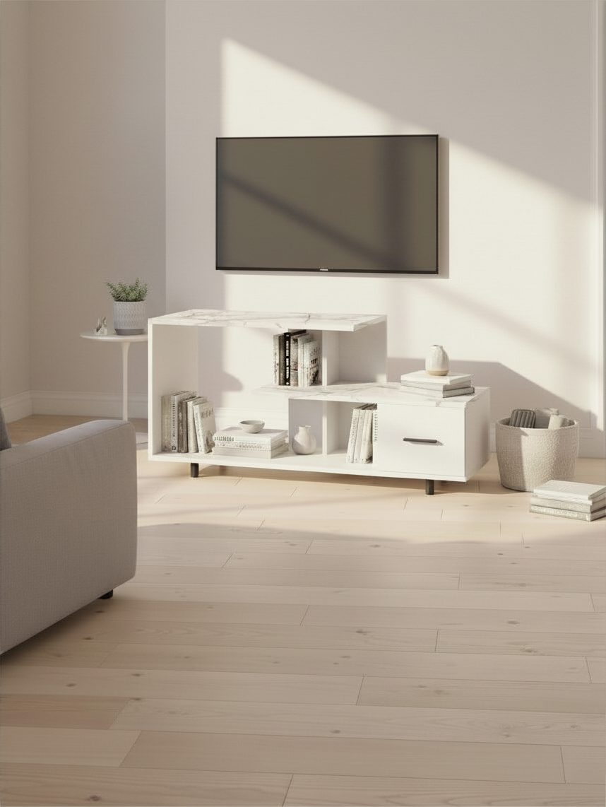 Meuble télé Zenoa 48 pouces blanc effet marbre avec tiroir et étagères ouvertes, proposé par TOCO Meubles.