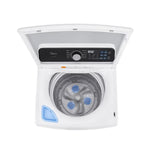 TOCO Meubles MIDEA white top-load washing machine with digital control panel and blue accents. Features Smart Wave turbine.