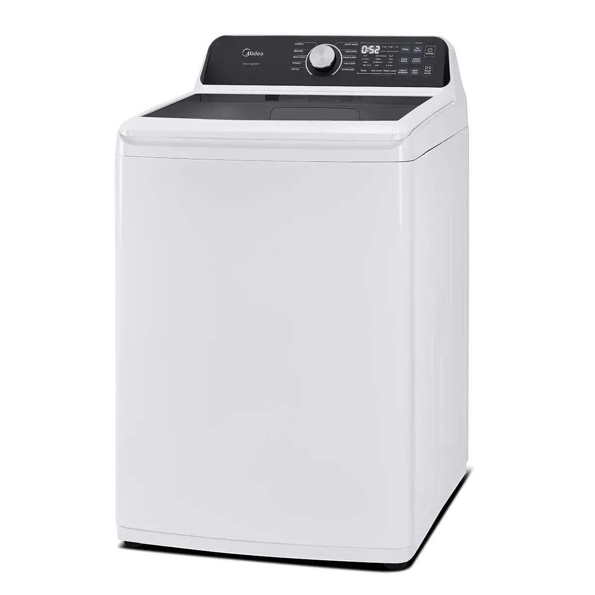 TOCO Meubles MIDEA white 5.2 cu ft top-load turbine washer with Smart Wave technology and digital display.
