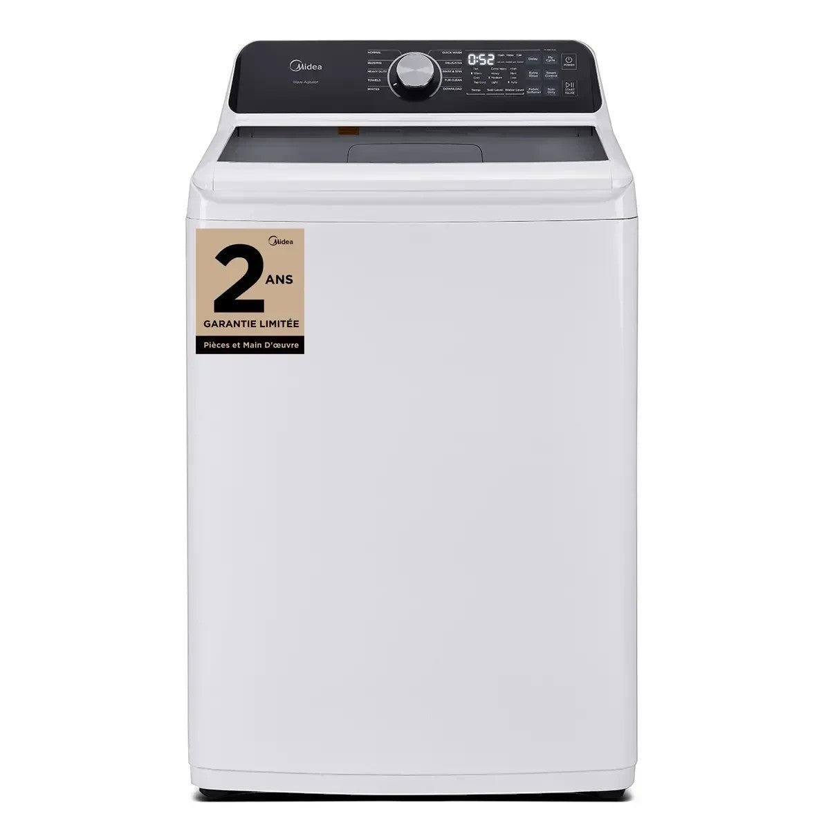 TOCO Meubles white MIDEA 5.2 cu ft top-load washing machine with Smart Wave impeller and digital display.