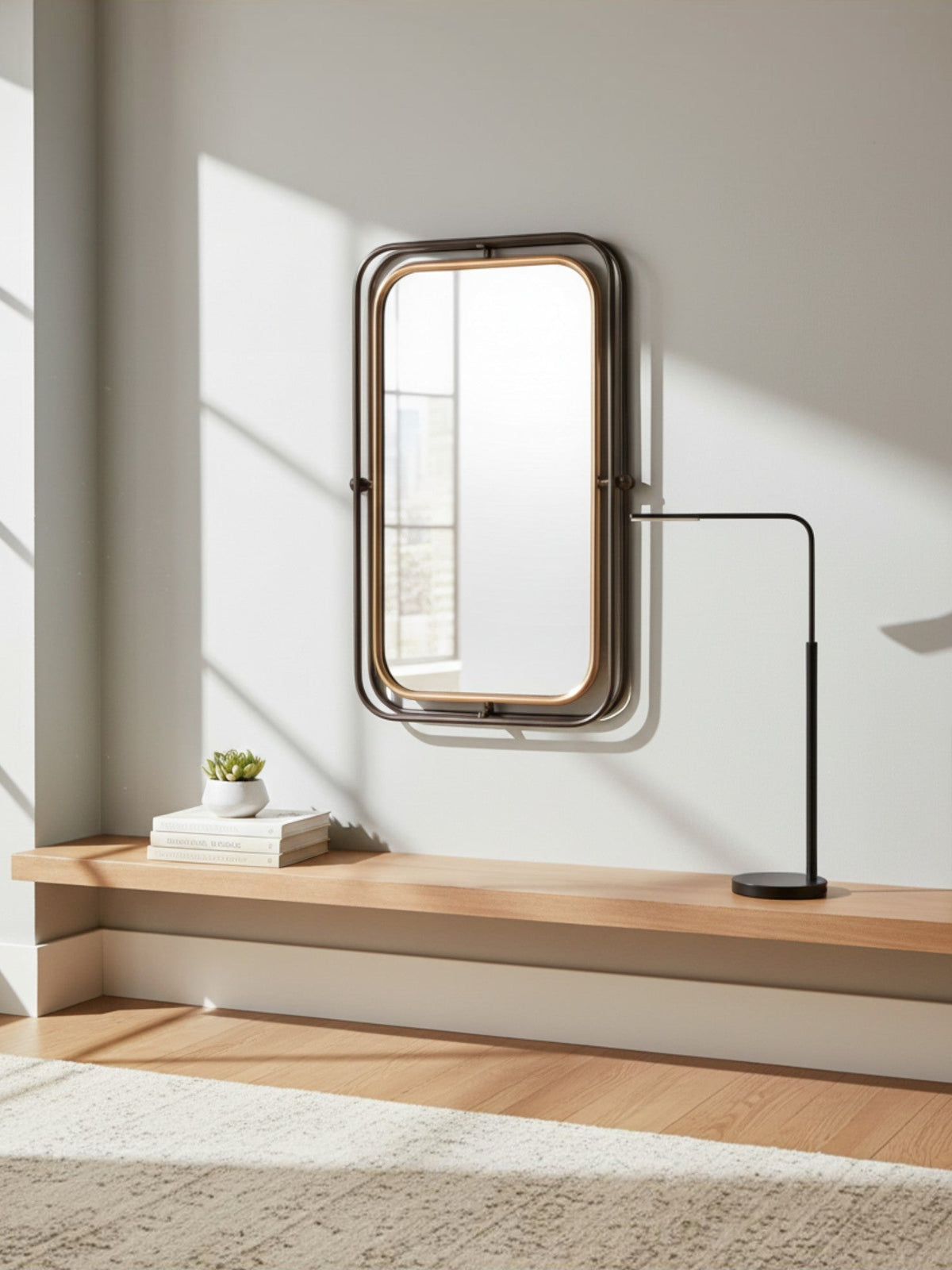Miroir mural basculant TOCO Meubles en métal deux tons, cadre rectangulaire moderne sur une étagère en bois clair.