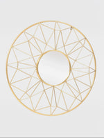 Miroir mural rond TOCO Meubles Horus avec cadre métallique doré au design géométrique inspiré du soleil