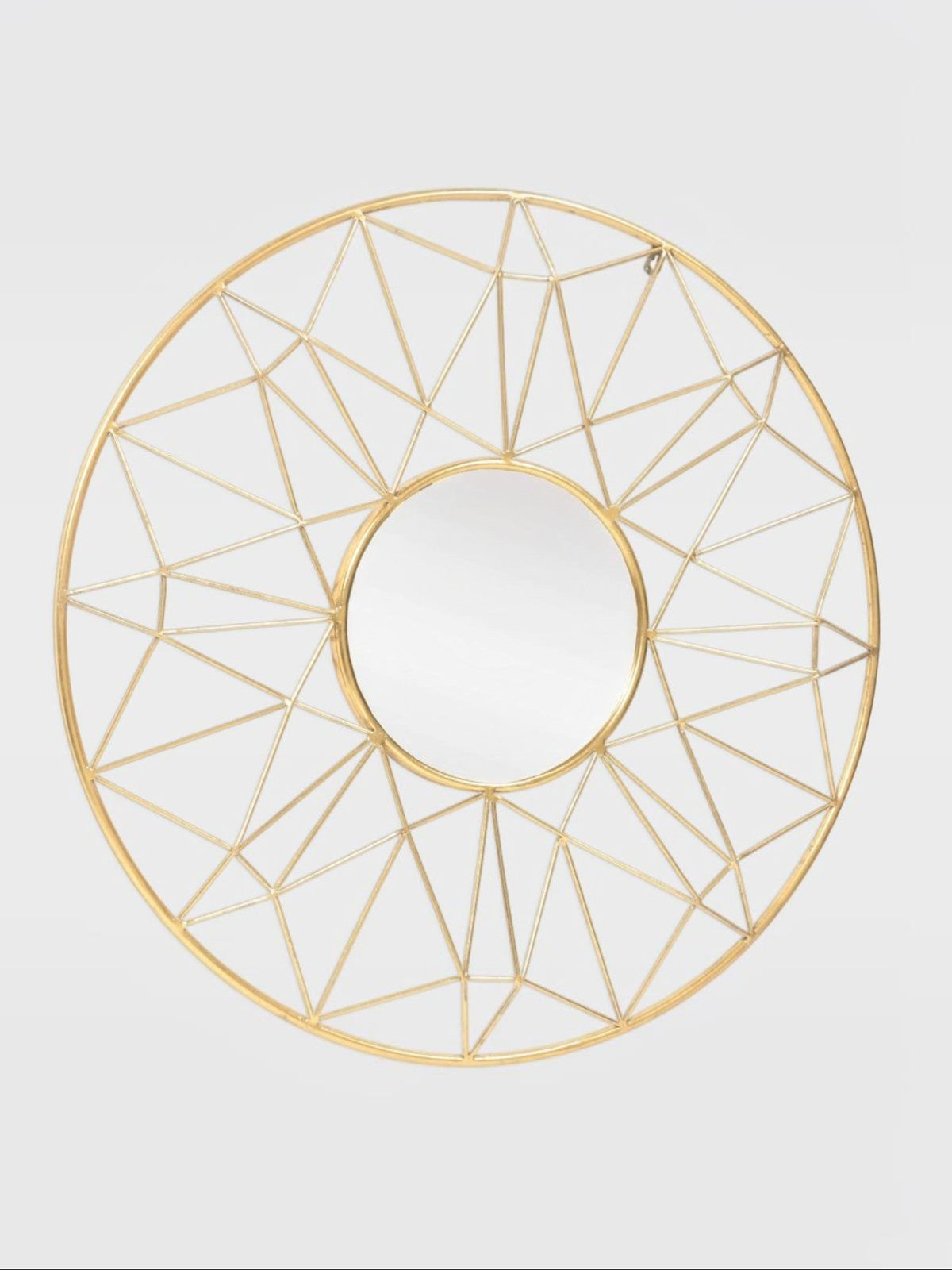 Miroir mural rond TOCO Meubles Horus avec cadre métallique doré au design géométrique inspiré du soleil