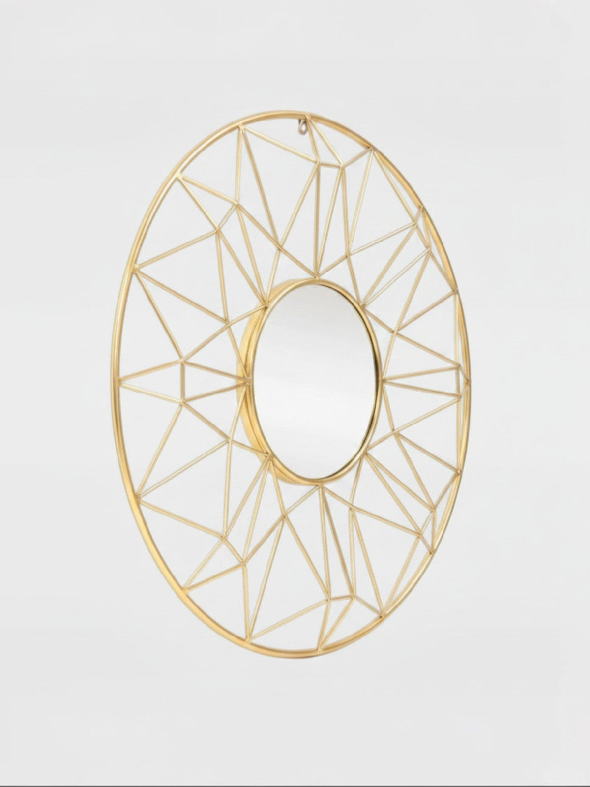 Miroir mural rond TOCO Meubles Horus avec cadre métallique doré au design géométrique inspiré du soleil