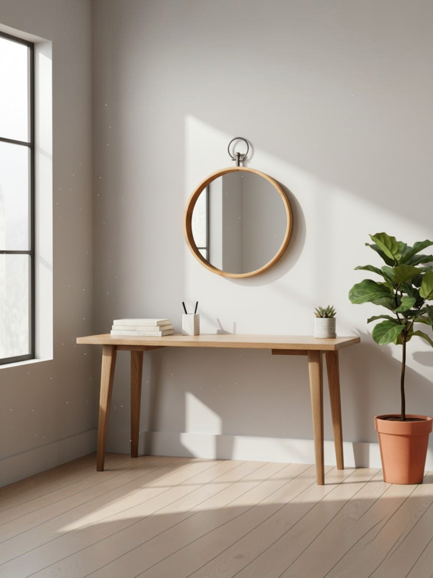 Miroir mural rond TOCO Meubles style montre de poche en bois et fer au-dessus d'une console en bois dans un salon