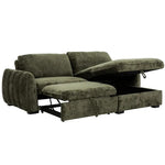 TOCO Meubles Sofa-Lit Morgan vert foncé avec rangement intégré et lit escamotable ouvert, tissu texturé.