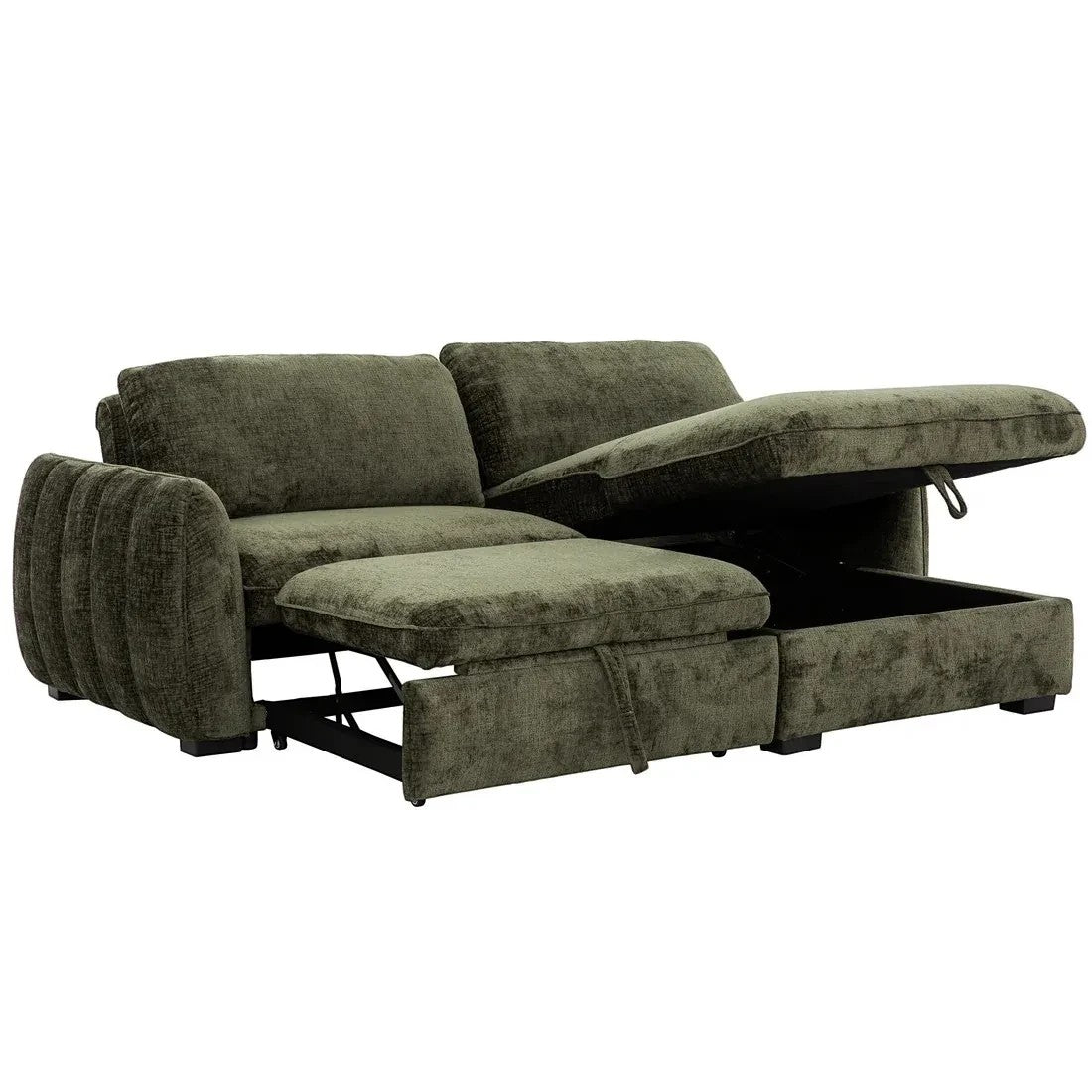 TOCO Meubles Sofa-Lit Morgan vert foncé avec rangement intégré et lit escamotable ouvert, tissu texturé.