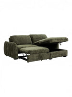 TOCO Meubles Sofa-Lit Morgan vert foncé avec rangement intégré et lit escamotable ouvert, tissu texturé.
