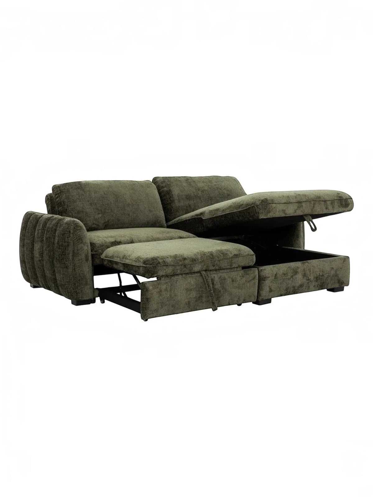 TOCO Meubles Sofa-Lit Morgan vert foncé avec rangement intégré et lit escamotable ouvert, tissu texturé.