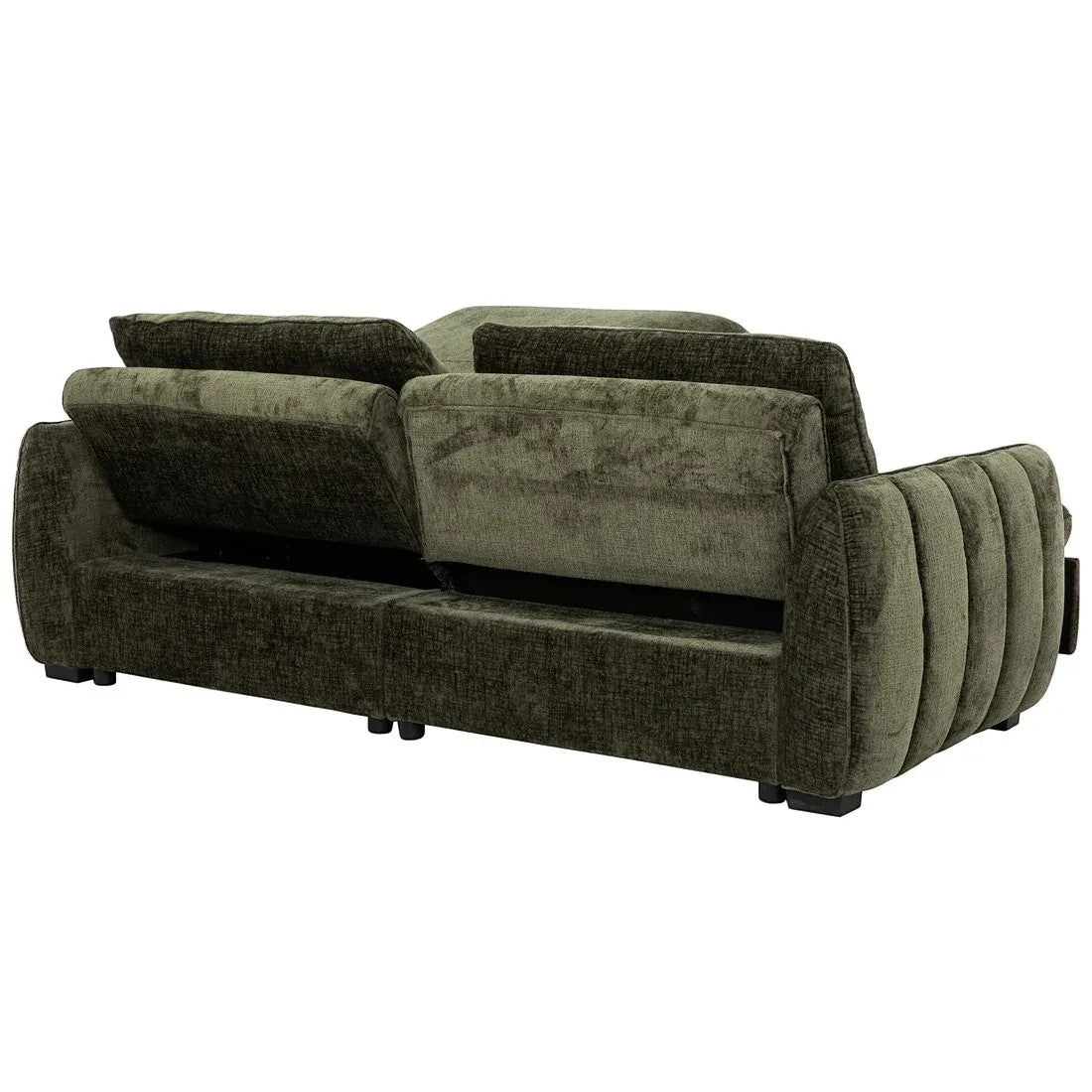 TOCO Meubles Sofa-Lit Morgan vert foncé en velours côtelé avec accoudoirs cannelés et coussins amovibles.
