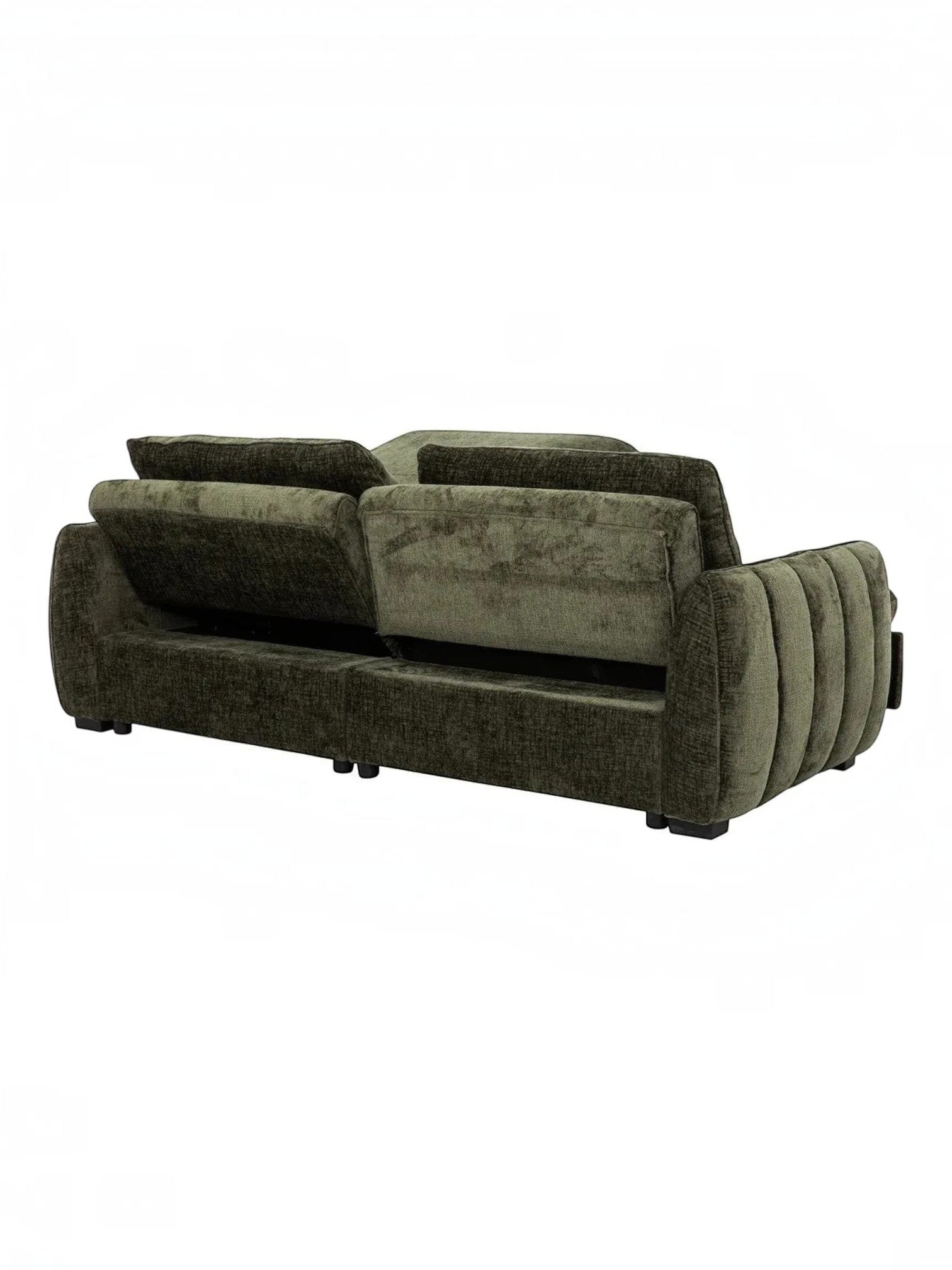 TOCO Meubles Sofa-Lit Morgan vert foncé en velours côtelé avec accoudoirs cannelés et coussins amovibles.