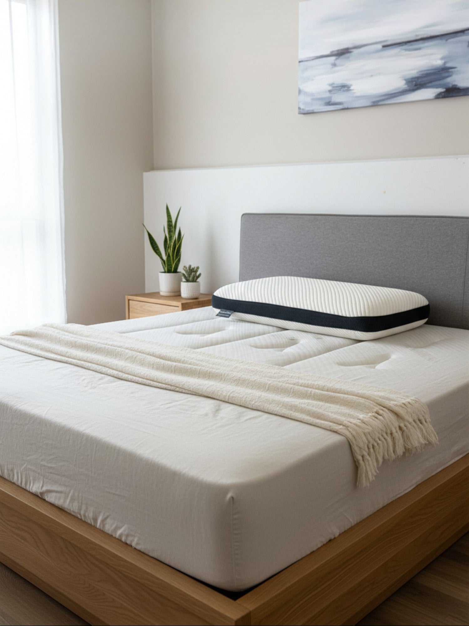 Oreiller ergonomique Dreamwave Charcoal de TOCO Meubles posé sur un lit moderne avec cadre en bois clair