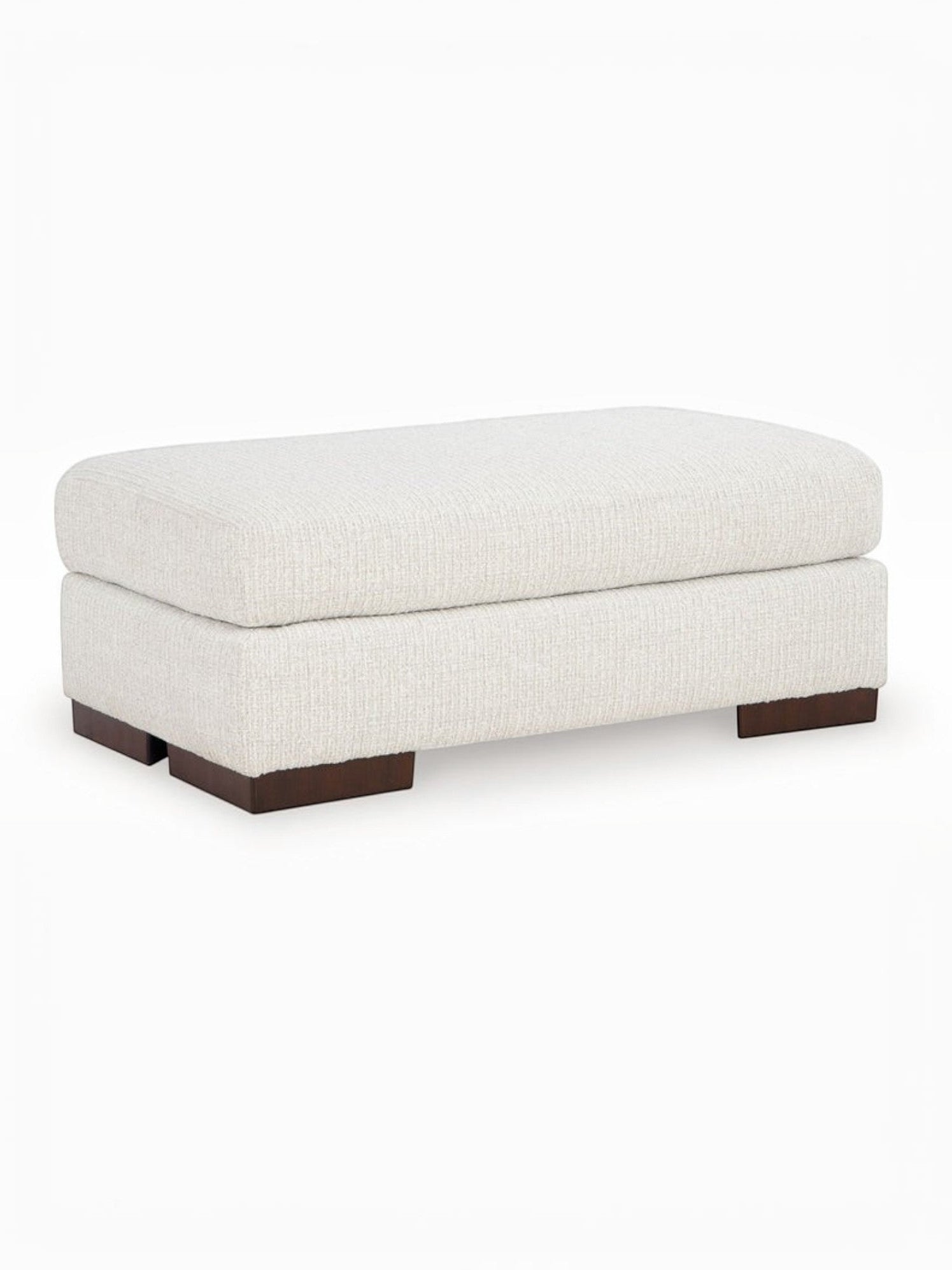 Ottoman Figaro TOCO Meubles rectangulaire en tissu texturé blanc cassé avec pieds en bois foncé