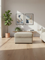 Ottoman Kael beige avec rangement de TOCO Meubles dans un salon lumineux avec plante et cadres muraux