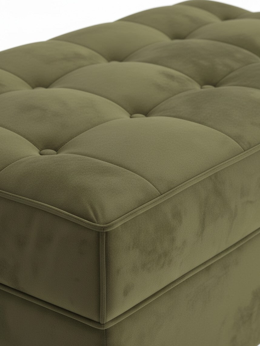 Ottoman Nino TOCO Meubles capitonné en velours vert olive avec finition touffetée élégante