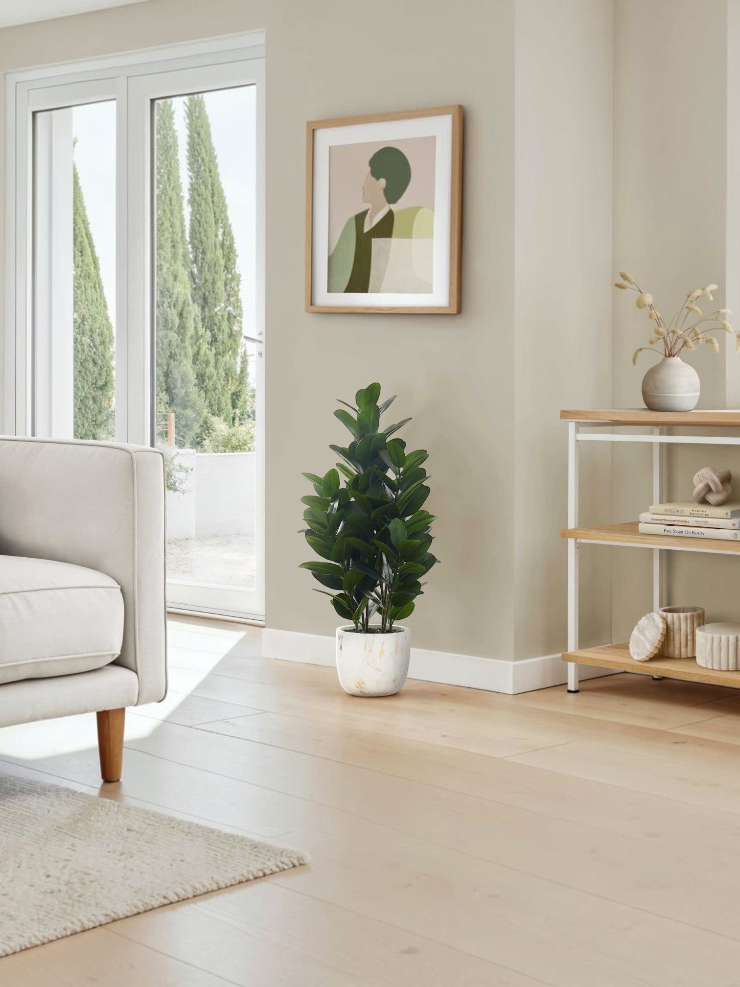 Plante artificielle Garcinia TOCO Meubles avec feuillage vert dense dans un pot décoratif effet marbre blanc