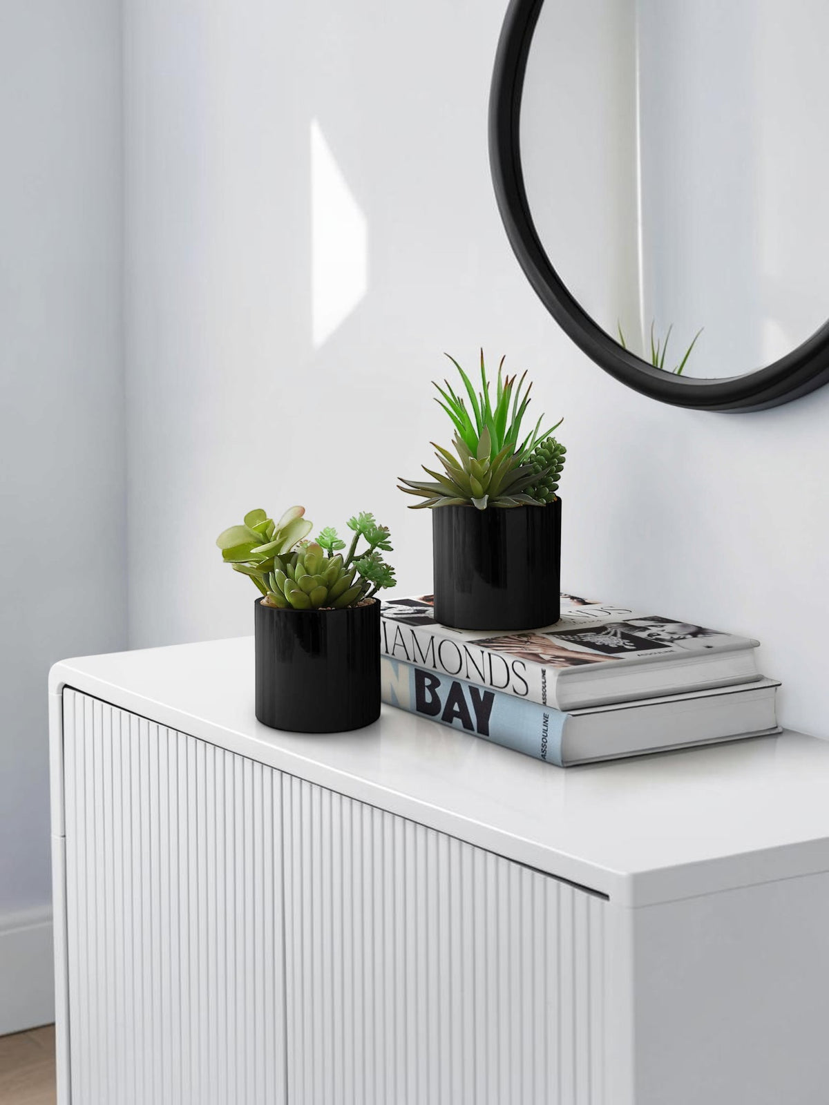 Ensemble de deux plantes succulentes artificielles TOCO Meubles dans des pots noirs sur une console blanche