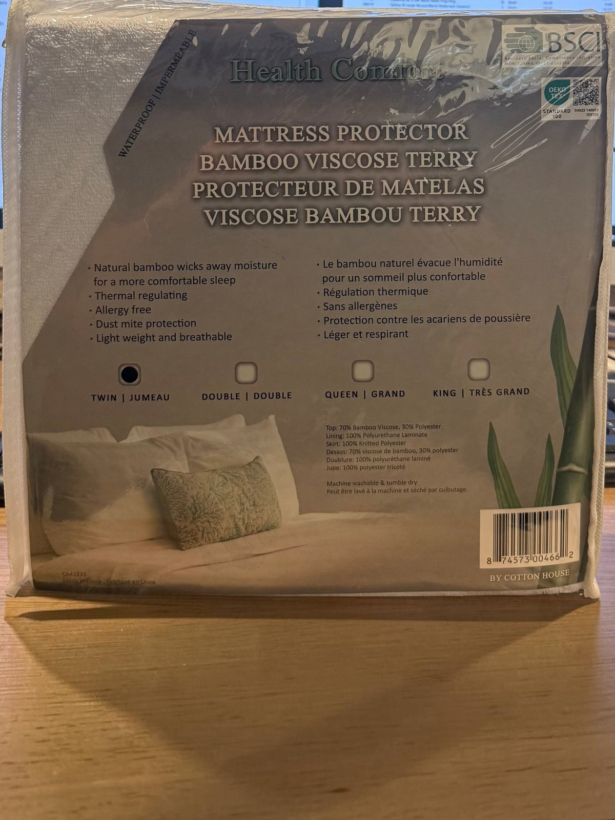 Emballage du protège-matelas Health Comfort de TOCO Meubles en viscose de bambou hypoallergénique et respirant