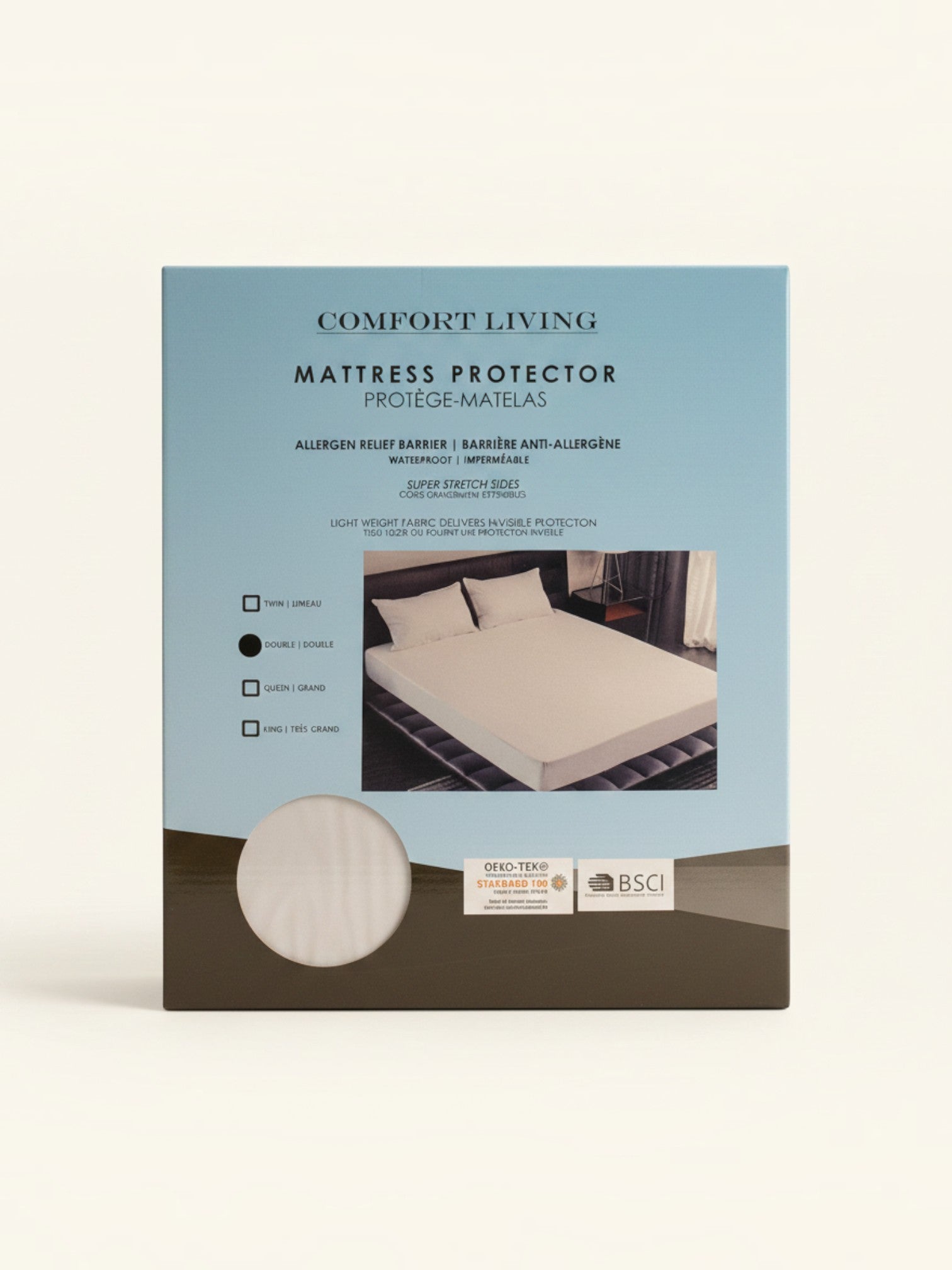 Emballage du protège-matelas imperméable et respirant TOCO Meubles Comfort Living avec détails techniques