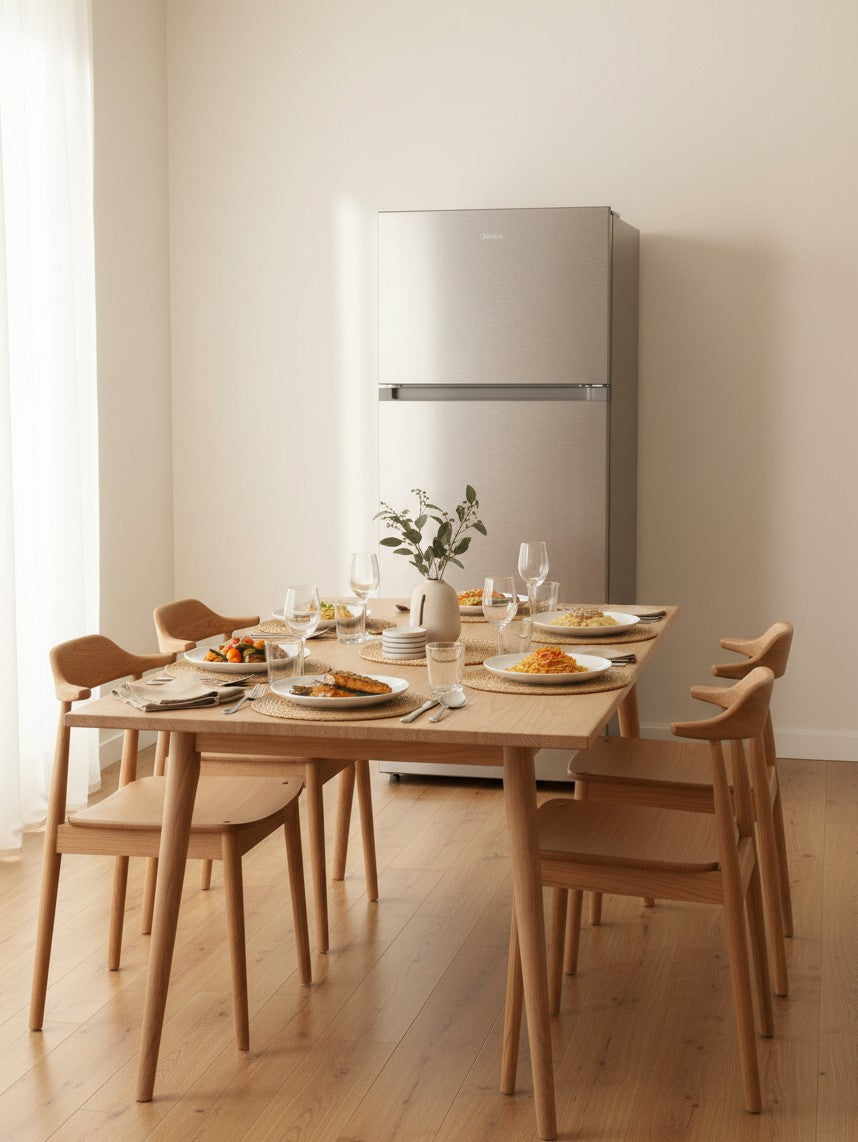 Réfrigérateur à congélateur supérieur TOCO Meubles en acier inoxydable dans une salle à manger moderne et lumineuse