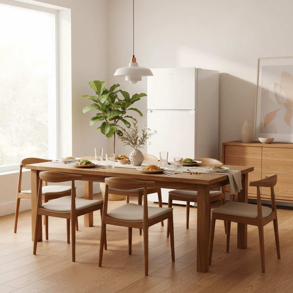 Réfrigérateur blanc à congélateur supérieur TOCO Meubles dans une salle à manger moderne avec table en bois