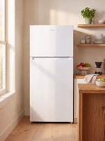 Réfrigérateur blanc à congélateur supérieur TOCO Meubles installé dans une cuisine moderne et lumineuse