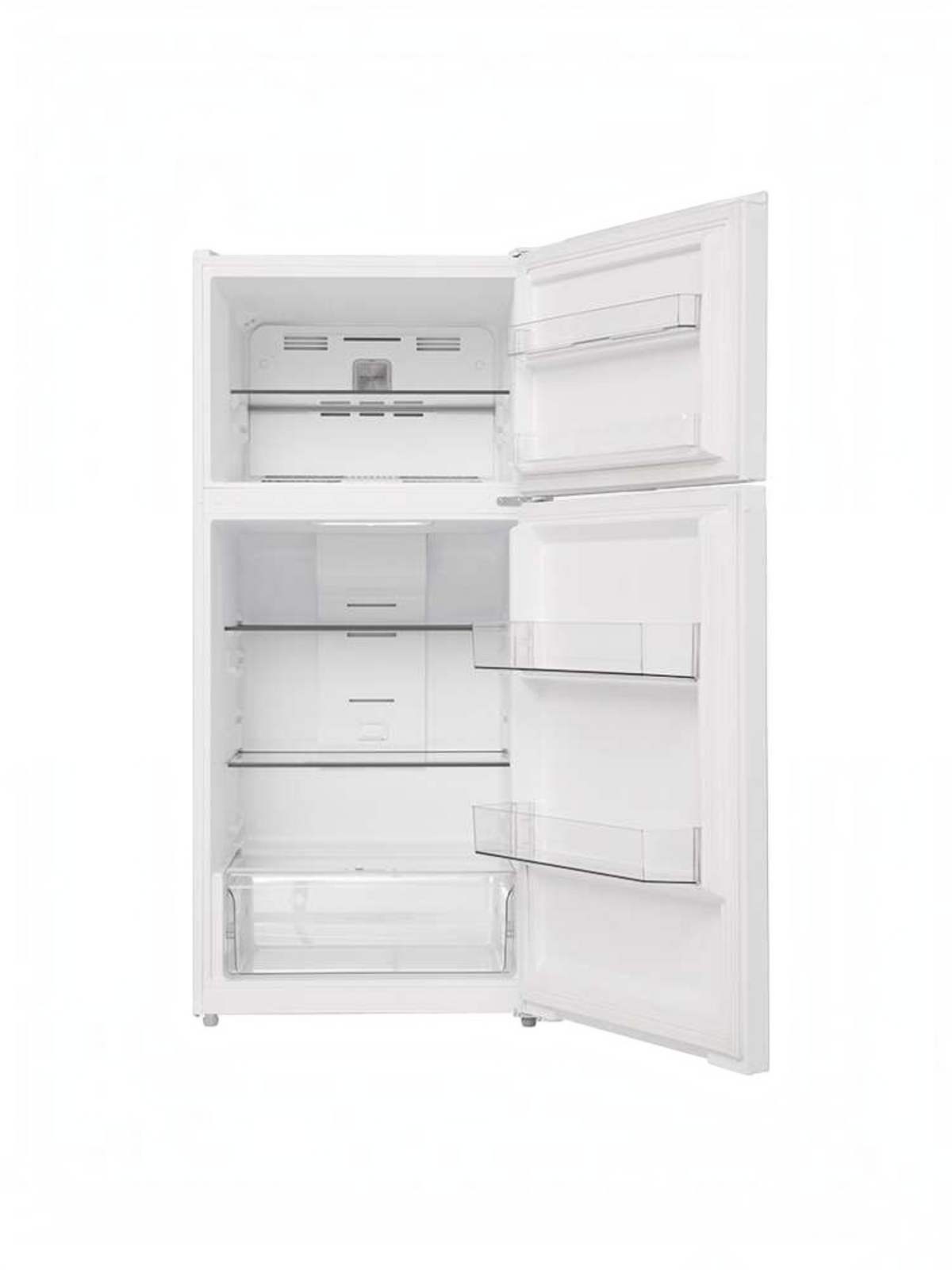 Réfrigérateur à congélateur supérieur blanc TOCO Meubles avec portes ouvertes, tablettes en verre et éclairage DEL