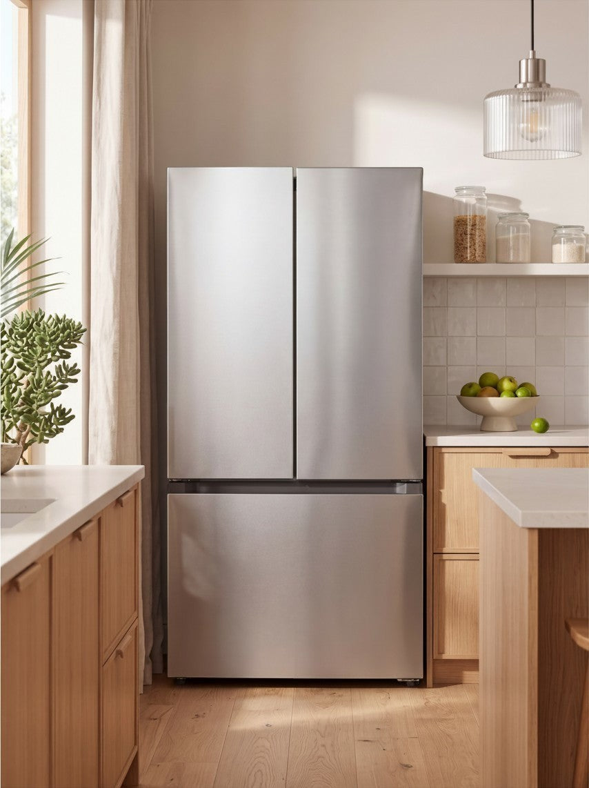 Réfrigérateur MIDEA à portes françaises en acier inoxydable dans une cuisine moderne chez TOCO Meubles