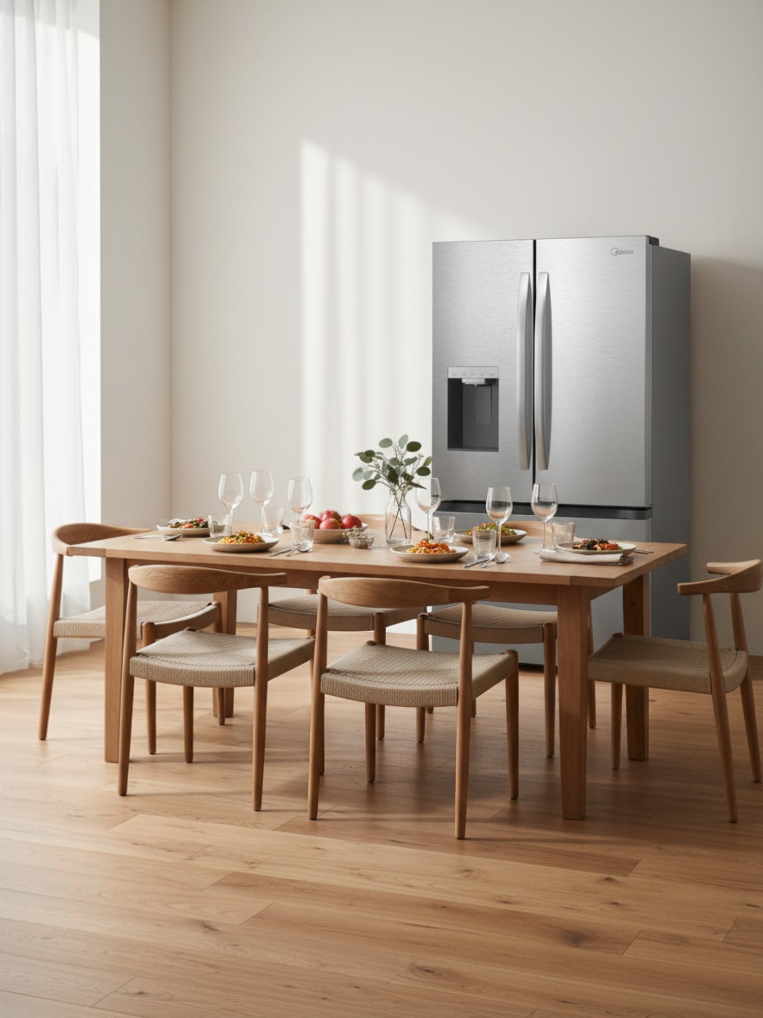 Réfrigérateur Midea à portes françaises en acier inoxydable avec distributeur d'eau dans une salle à manger TOCO Meubles