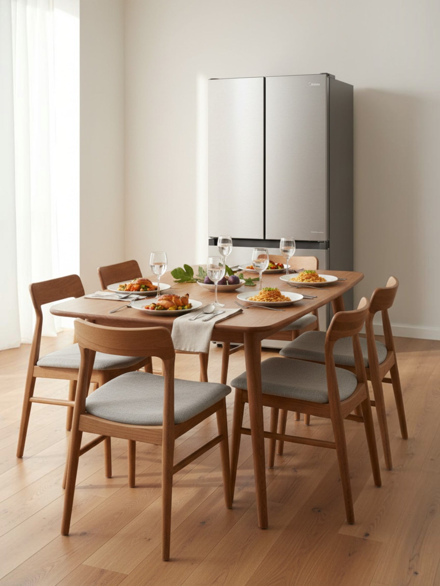 Réfrigérateur MIDEA à portes françaises en acier inoxydable dans une salle à manger moderne TOCO Meubles