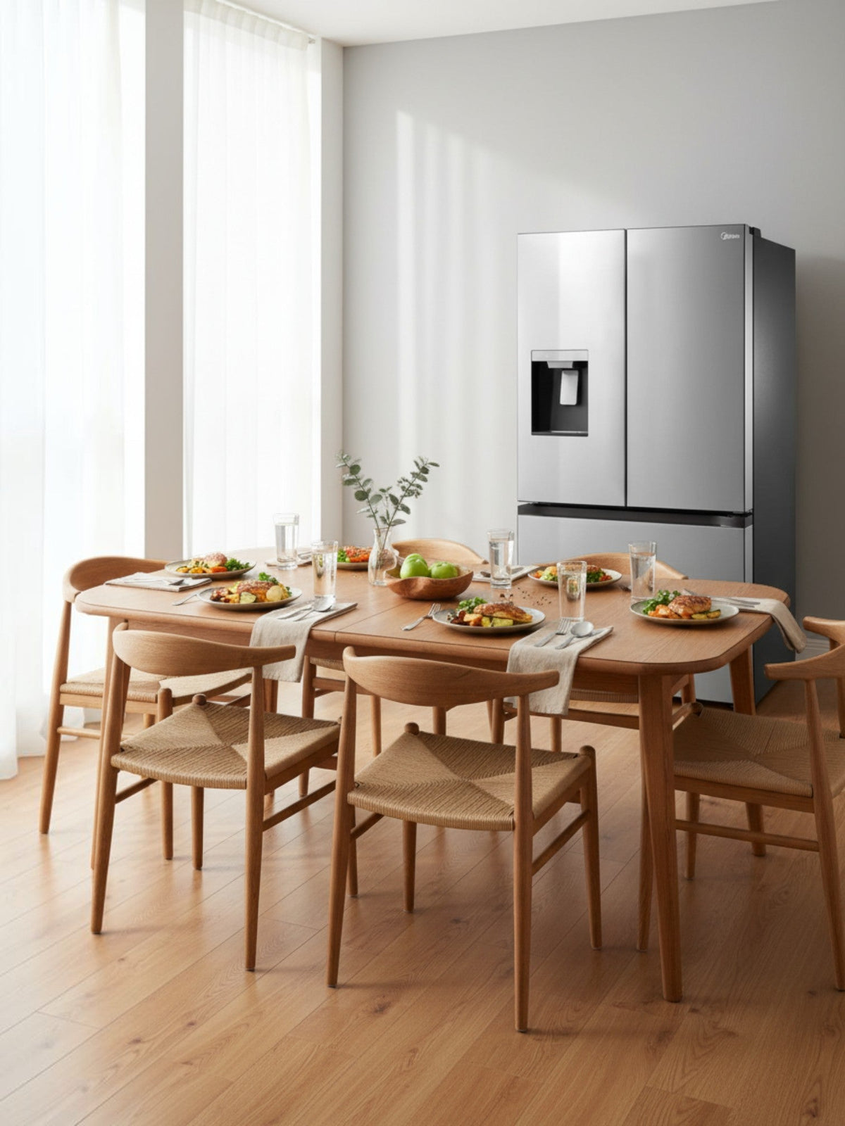 Réfrigérateur MIDEA à portes françaises en acier inoxydable dans une salle à manger moderne avec table en bois