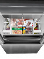 Vue plongeante sur l'intérieur du réfrigérateur MIDEA TOCO Meubles avec tiroirs de congélation et aliments organisés