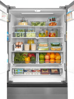 Intérieur du réfrigérateur MIDEA TOCO Meubles avec tablettes en verre, tiroirs transparents et aliments organisés