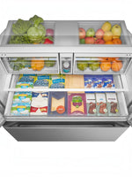 Réfrigérateur MIDEA de TOCO Meubles avec portes françaises, intérieur spacieux, tiroirs organisés et fruits frais.