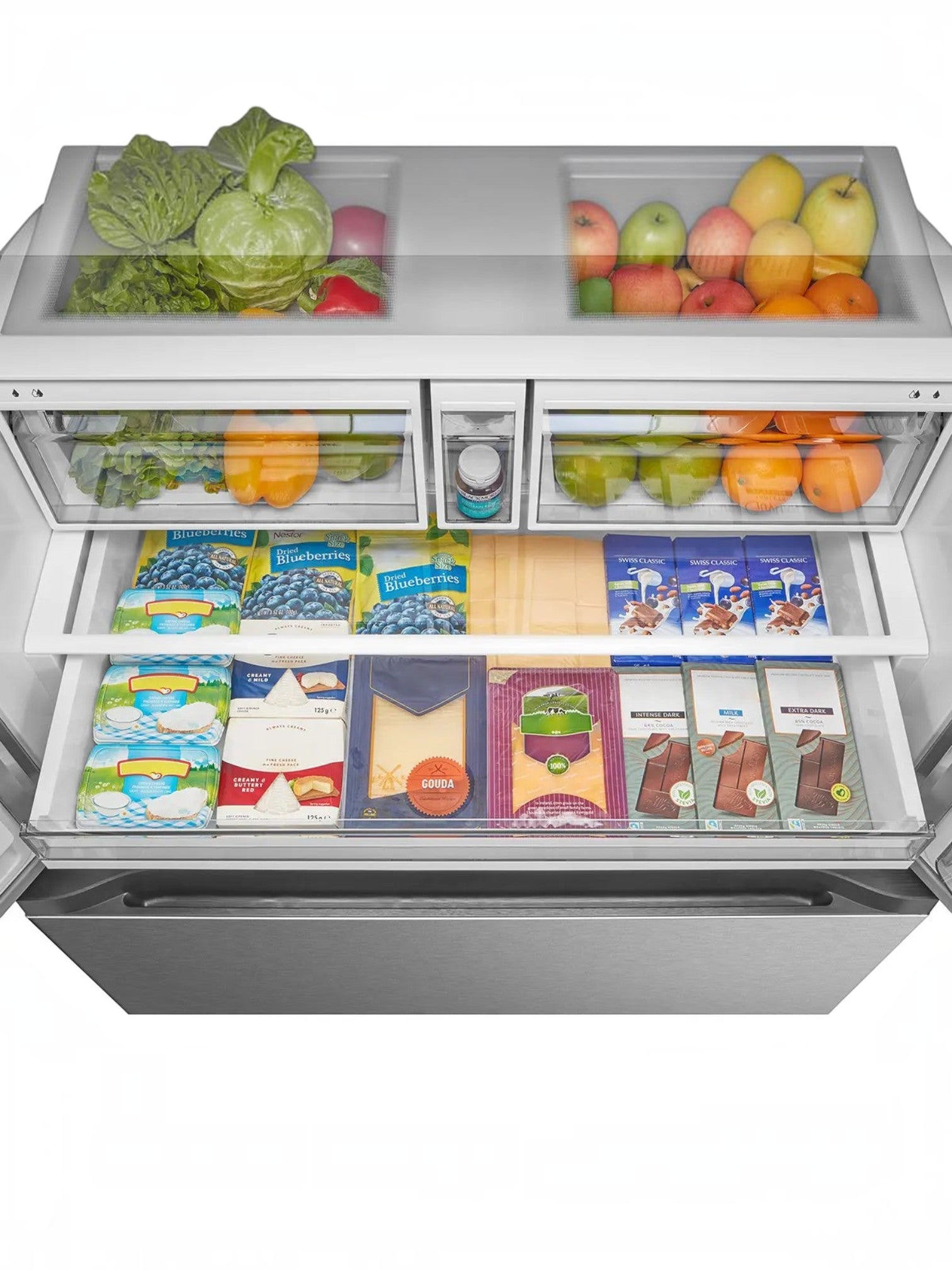 Réfrigérateur MIDEA de TOCO Meubles avec portes françaises, intérieur spacieux, tiroirs organisés et fruits frais.