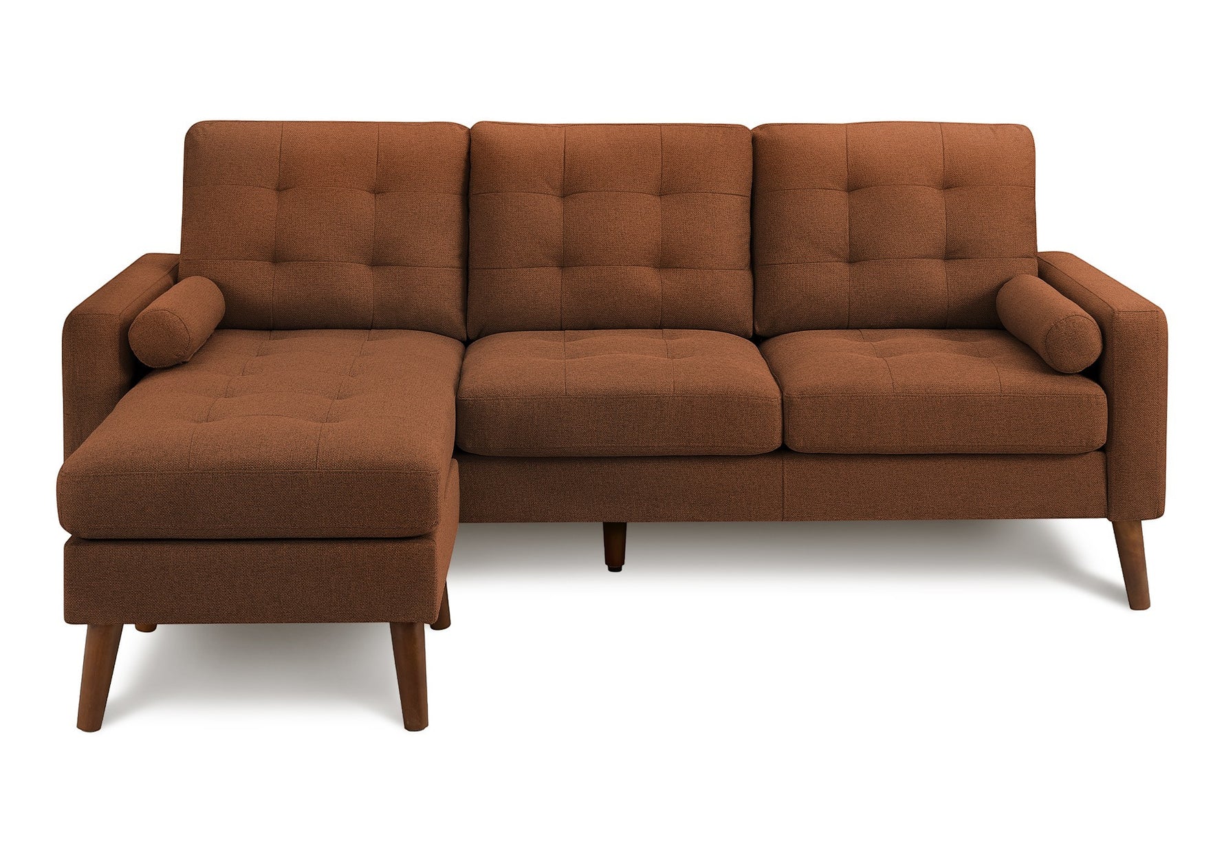 TOCO Meubles Sofa sectionnel Roumo marron confortable avec capitonnage et coussins cylindriques.