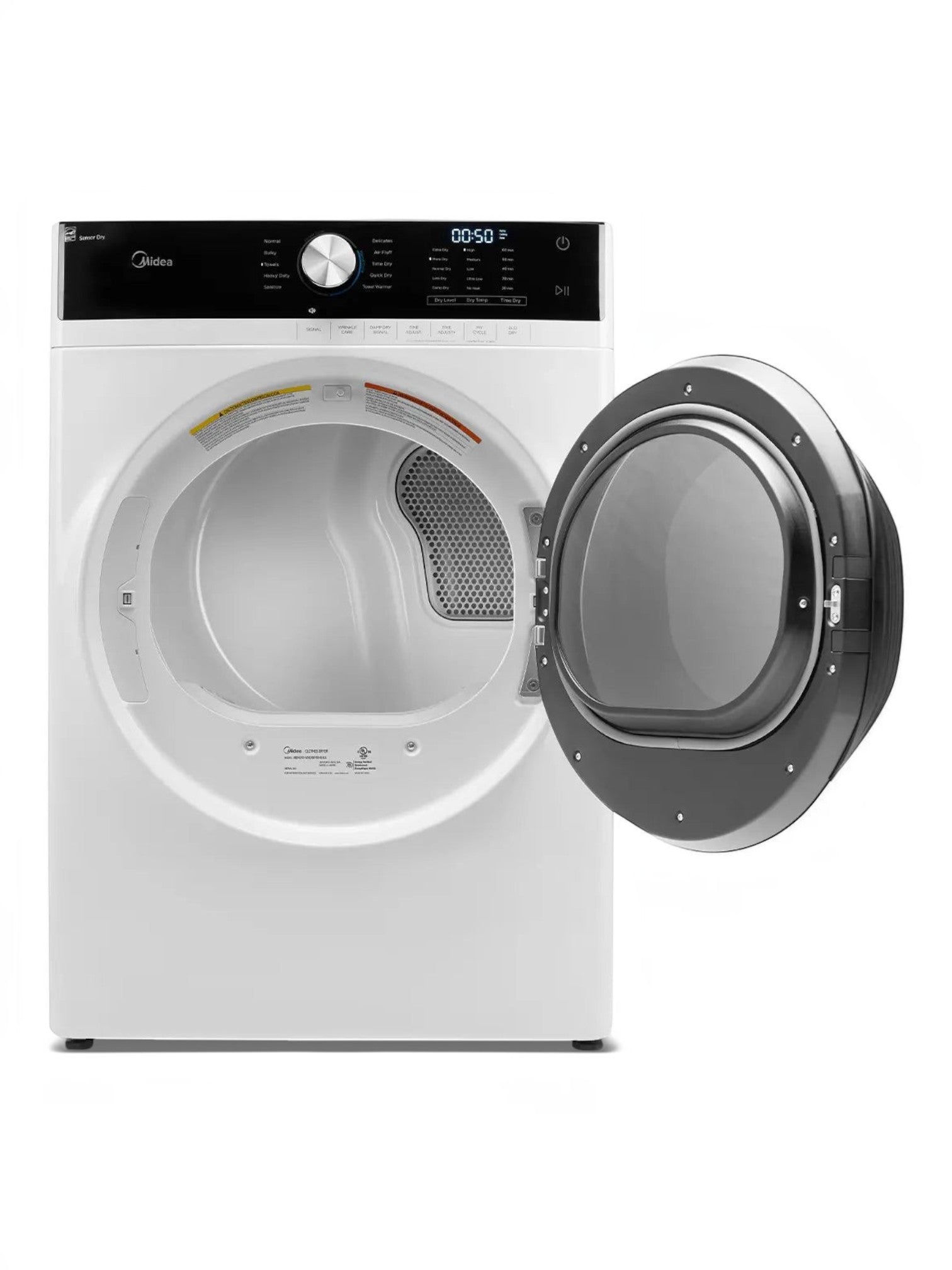 Sécheuse à chargement frontal TOCO Meubles de 8,0 pi³ blanche avec porte ouverte et panneau de commande numérique