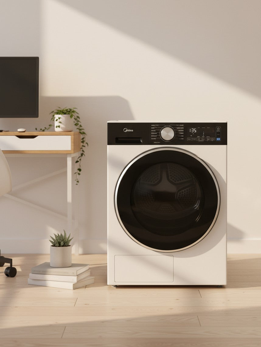 Sécheuse compacte TOCO Meubles à pompe à chaleur, 4,4 pi³, blanche avec panneau de commande noir et soin anti-froissement